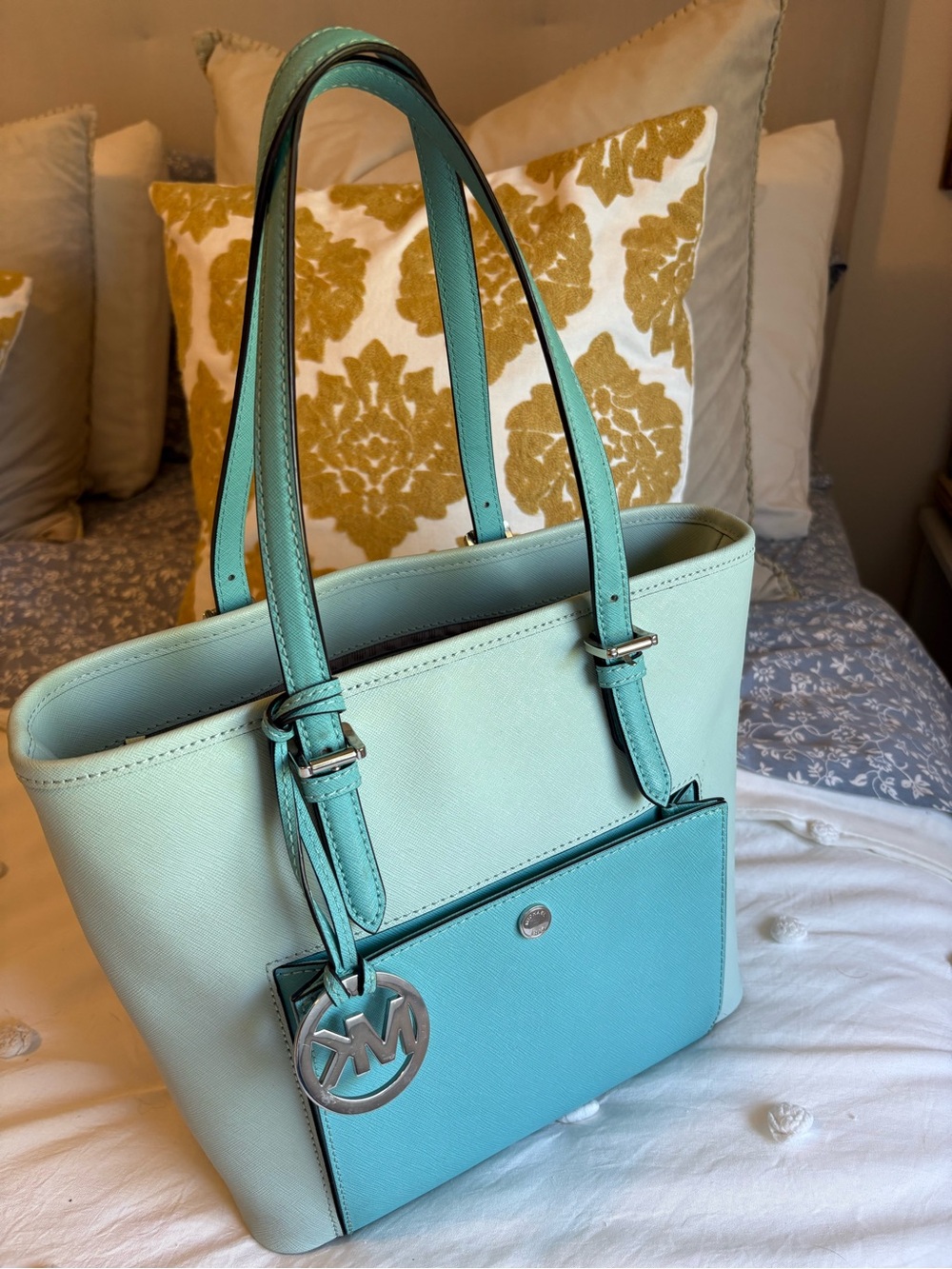 Michael Kors Two-Tone Aqua & Light Teal Leather Tote - Picture 1 of 8